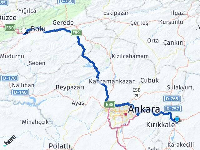 Kırıkkale Abant İzzet Baysal Üniversitesi Arası Kaç Km - Yol Haritası