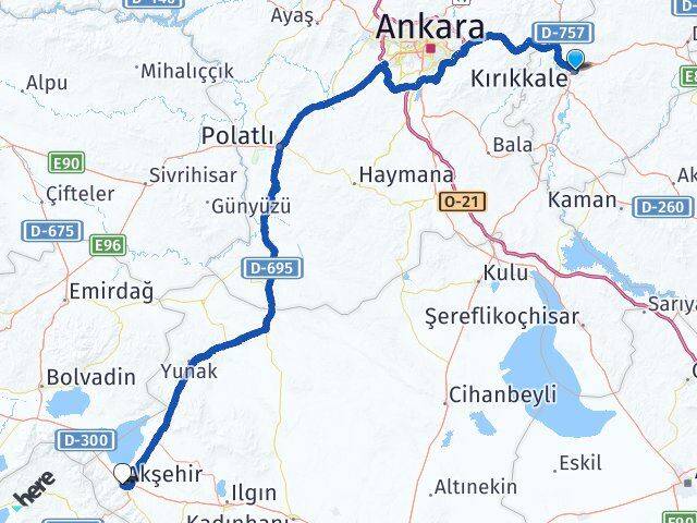 Kırıkkale Akşehir Konya Arası Kaç Km - Yol Haritası