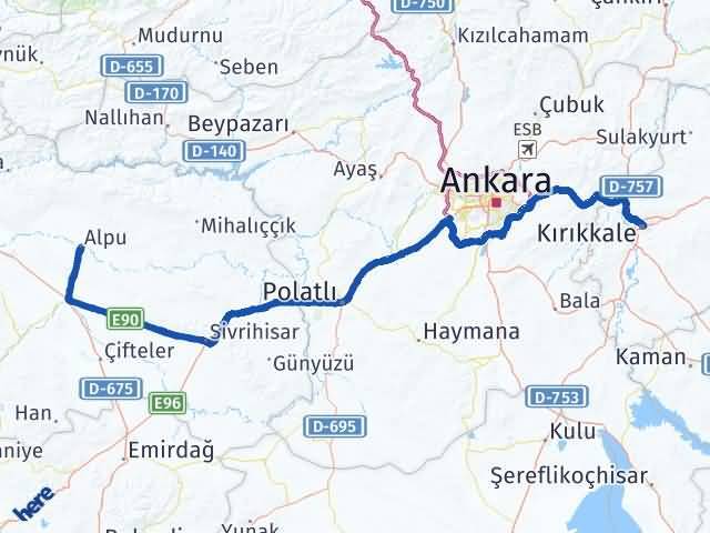 Kırıkkale Alpu Eskişehir Arası Kaç Km - Yol Haritası