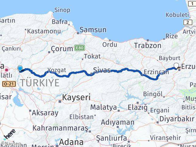 Kırıkkale Aziziye Erzurum Arası Kaç Km - Yol Haritası
