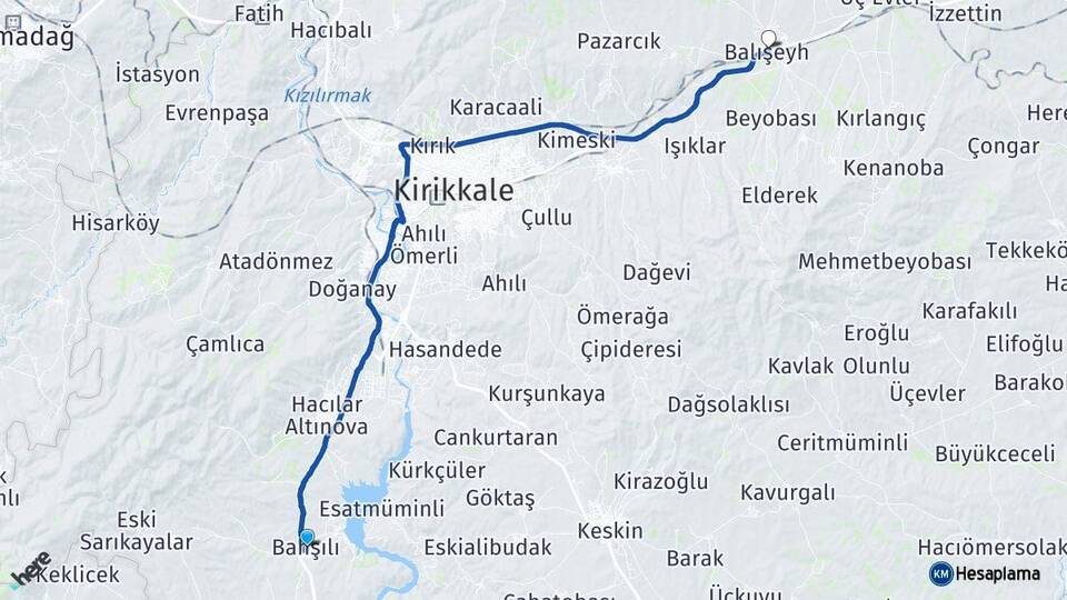 Kırıkkale Bahşili Balışeyh Arası Kaç Km - Yol Haritası