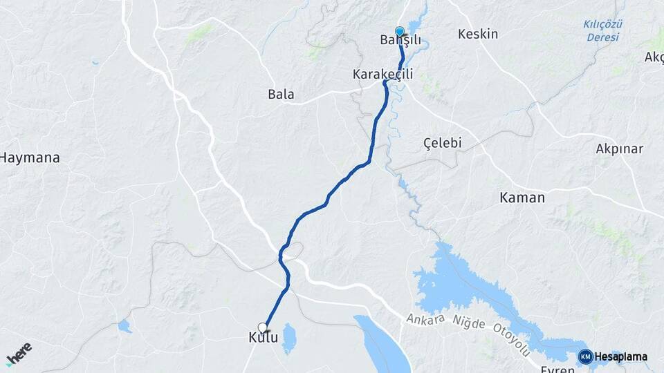 Kırıkkale Bahşili Kulu Konya Arası Kaç Km - Yol Haritası
