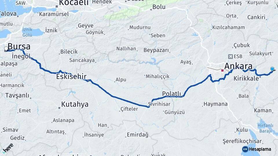 Kırıkkale Balışeyh Bursa Arası Kaç Km - Yol Haritası