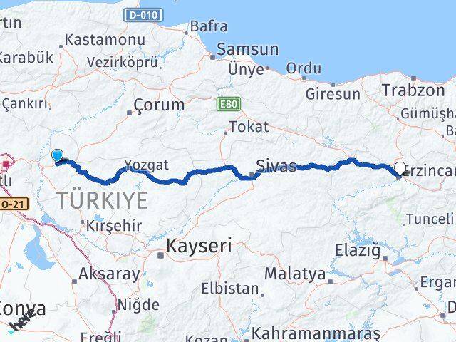 Kırıkkale Balışeyh Erzincan Arası Kaç Km - Yol Haritası
