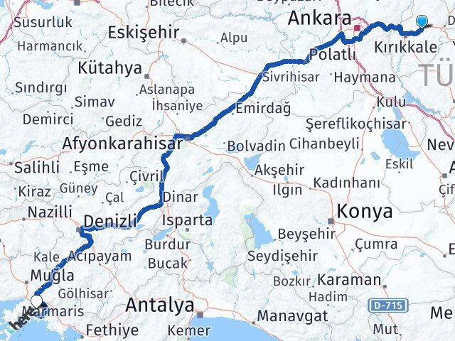 Kırıkkale Balışeyh Muğla Arası Kaç Km - Yol Haritası