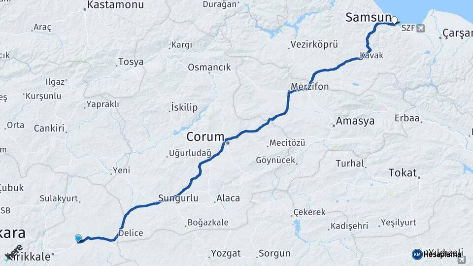 Kırıkkale Balışeyh Samsun Arası Kaç Km - Yol Haritası