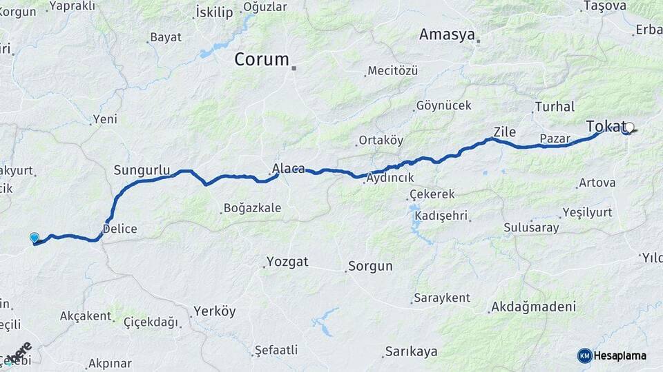 Kırıkkale Balışeyh Tokat Arası Kaç Km - Yol Haritası
