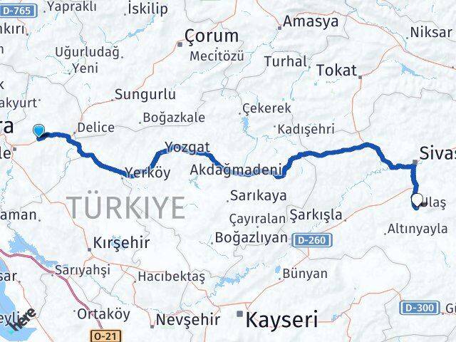 Kırıkkale Balışeyh Ulaş Sivas Arası Kaç Km - Yol Haritası