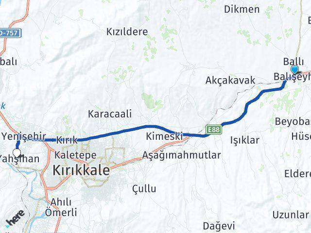 Kırıkkale Balışeyh Yahşihan Arası Kaç Km - Yol Haritası