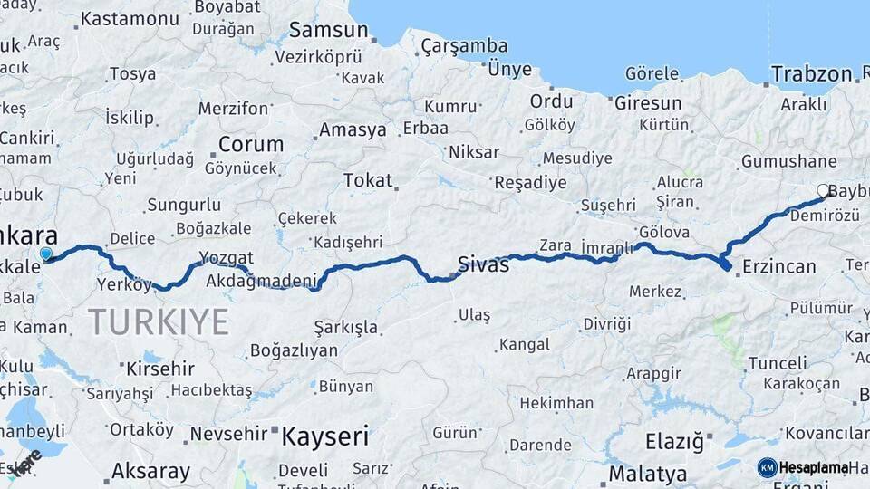 Kırıkkale Bayburt Arası Kaç Km - Yol Haritası