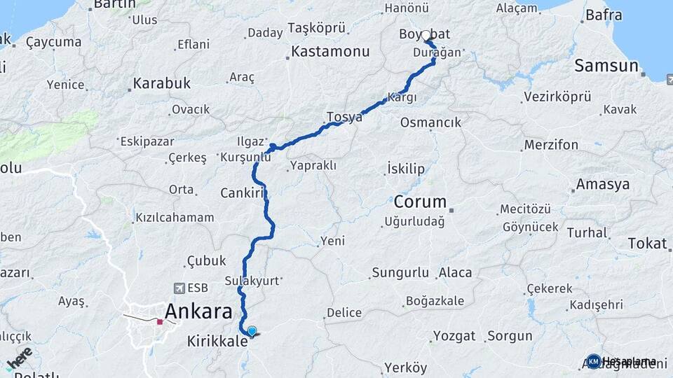 Kırıkkale Boyabat Sinop Arası Kaç Km - Yol Haritası