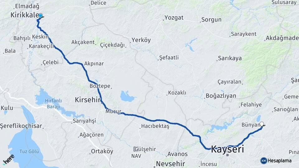 Kırıkkale Bünyan Kayseri Arası Kaç Km - Yol Haritası