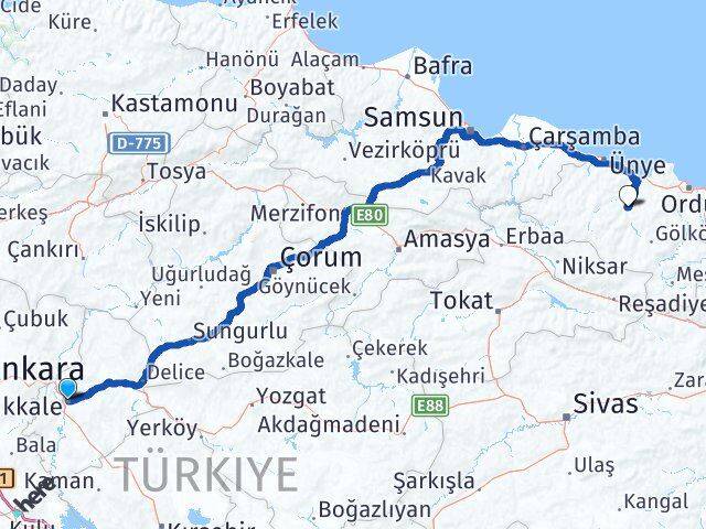 Kırıkkale Çatalpınar Ordu Arası Kaç Km - Yol Haritası