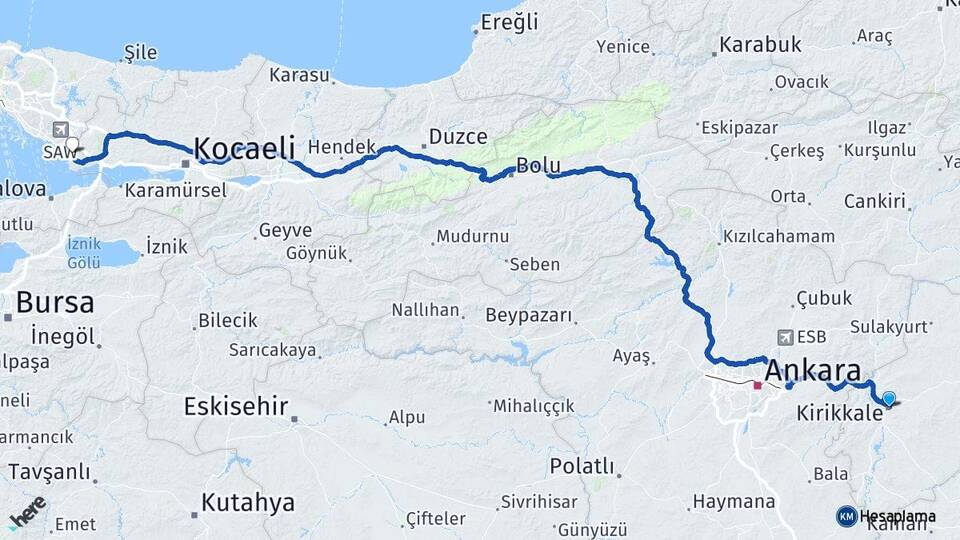 Kırıkkale Çayırova Kocaeli Arası Kaç Km - Yol Haritası