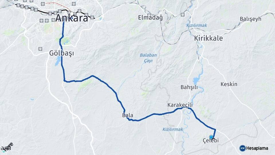 Kırıkkale Çelebi Ankara Arası Kaç Km - Yol Haritası