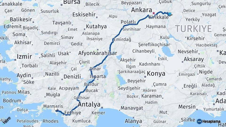 Kırıkkale Dalaman Muğla Arası Kaç Km - Yol Haritası