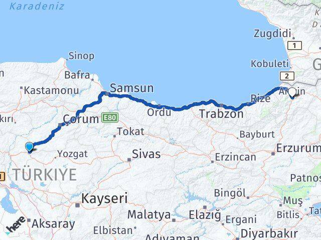 Kırıkkale Delice Artvin Arası Kaç Km - Yol Haritası