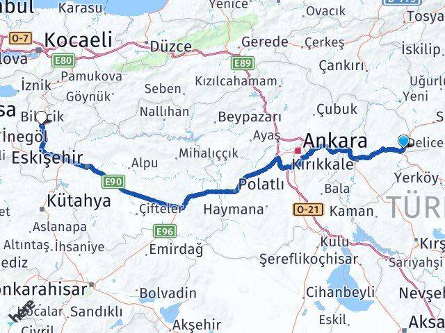 Kırıkkale Delice Bilecik Arası Kaç Km - Yol Haritası