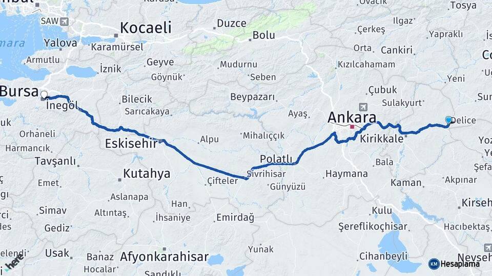 Kırıkkale Delice Bursa Arası Kaç Km - Yol Haritası