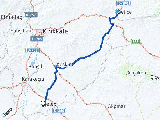 Kırıkkale Delice Çelebi Arası Kaç Km - Yol Haritası