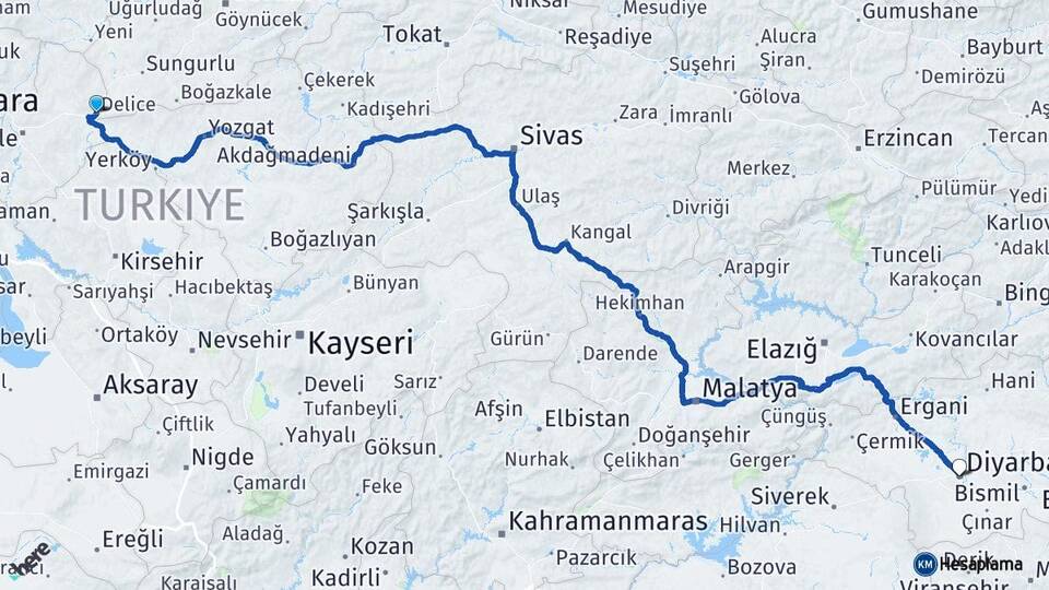 Kırıkkale Delice Diyarbakır Arası Kaç Km - Yol Haritası