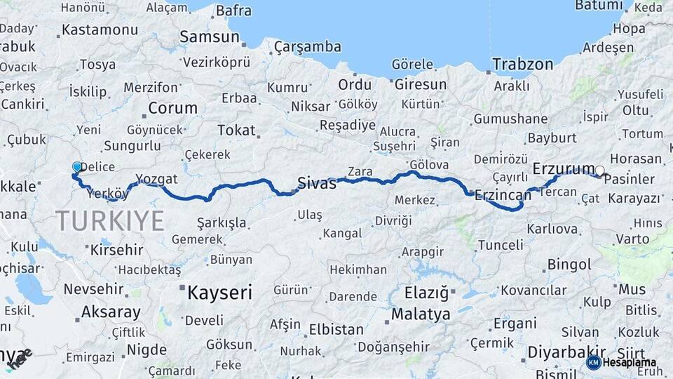 Kırıkkale Delice Erzurum Arası Kaç Km - Yol Haritası