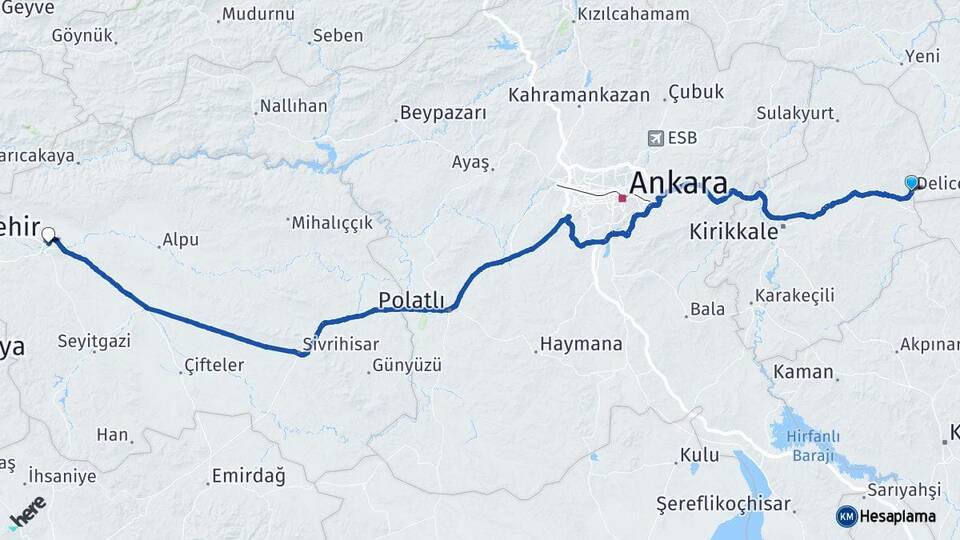 Kırıkkale Delice Eskişehir Arası Kaç Km - Yol Haritası
