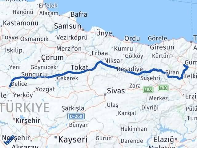 Kırıkkale Delice Gümüşhane Arası Kaç Km - Yol Haritası