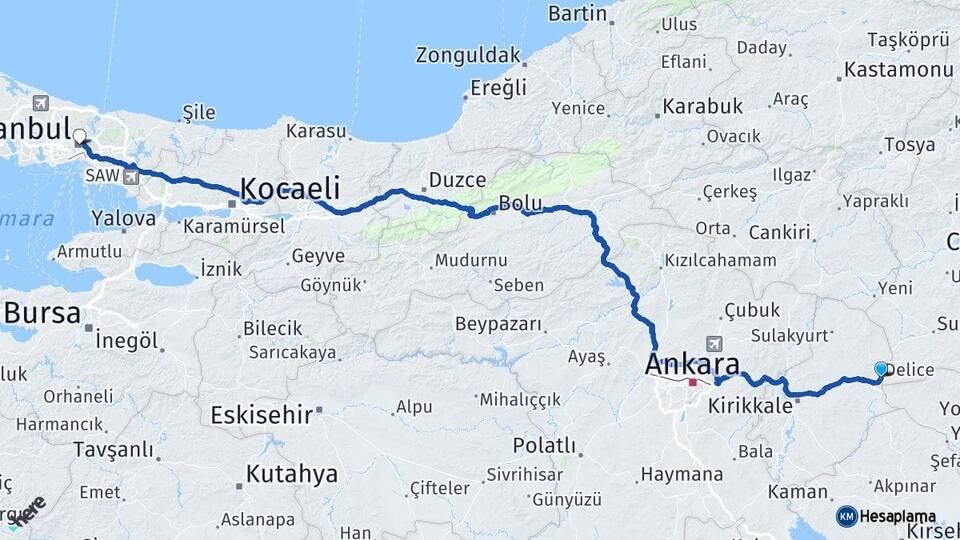 Kırıkkale Delice İstanbul Arası Kaç Km - Yol Haritası