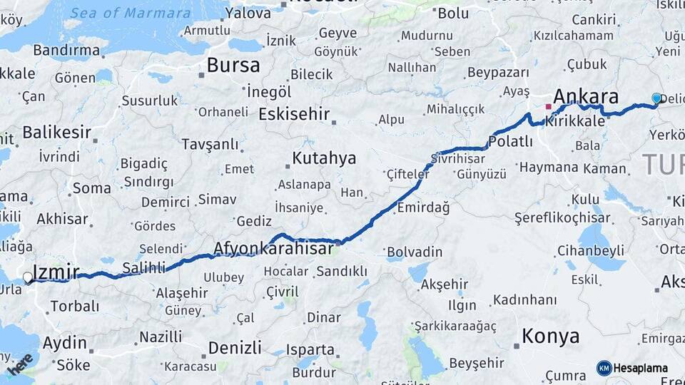 Kırıkkale Delice İzmir Arası Kaç Km - Yol Haritası