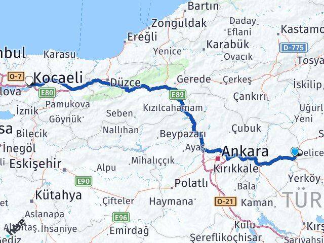 Kırıkkale Delice Kocaeli Arası Kaç Km - Yol Haritası