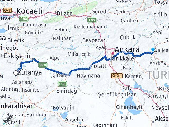 Kırıkkale Delice Kütahya Arası Kaç Km - Yol Haritası