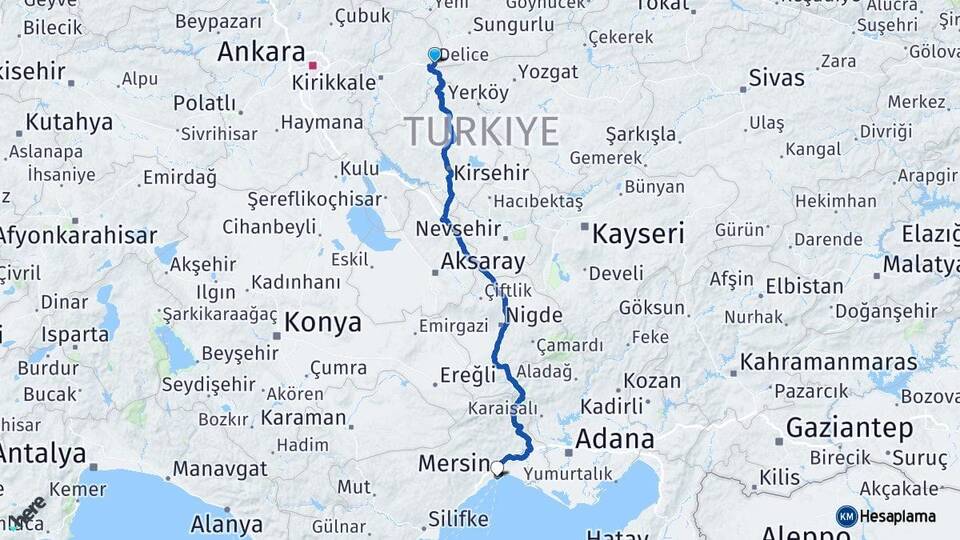 Kırıkkale Delice Mersin Arası Kaç Km - Yol Haritası