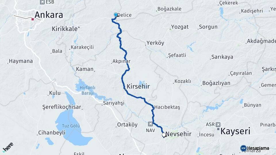 Kırıkkale Delice Nevşehir Arası Kaç Km - Yol Haritası