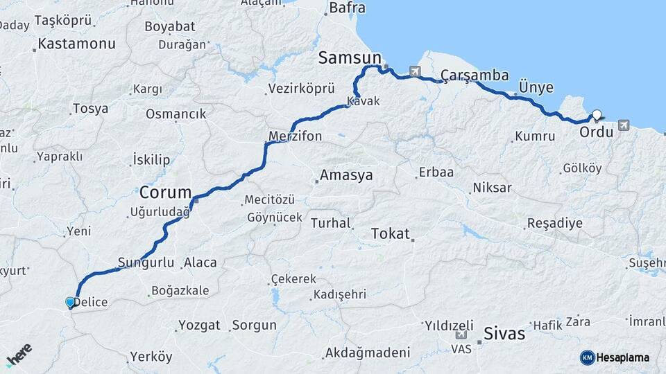 Kırıkkale Delice Ordu Arası Kaç Km - Yol Haritası