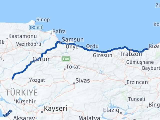 Kırıkkale Delice Rize Arası Kaç Km - Yol Haritası