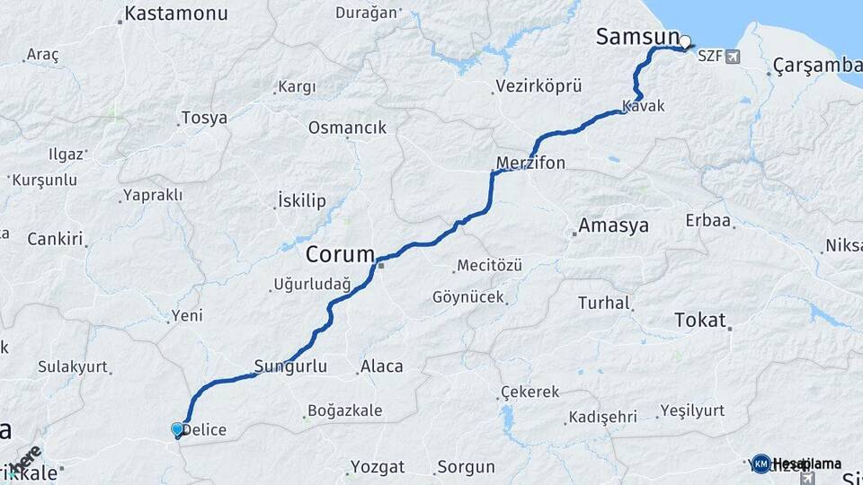 Kırıkkale Delice Samsun Arası Kaç Km - Yol Haritası