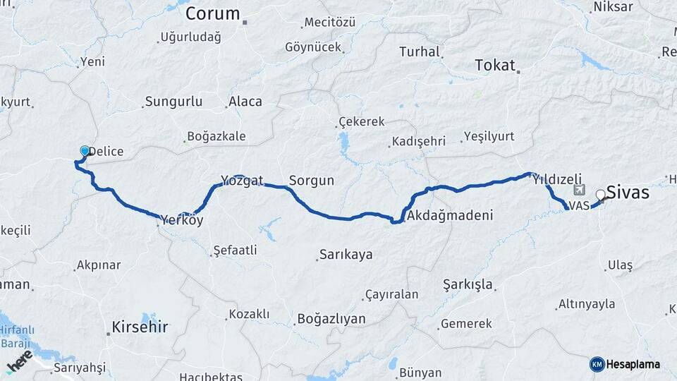 Kırıkkale Delice Sivas Arası Kaç Km - Yol Haritası