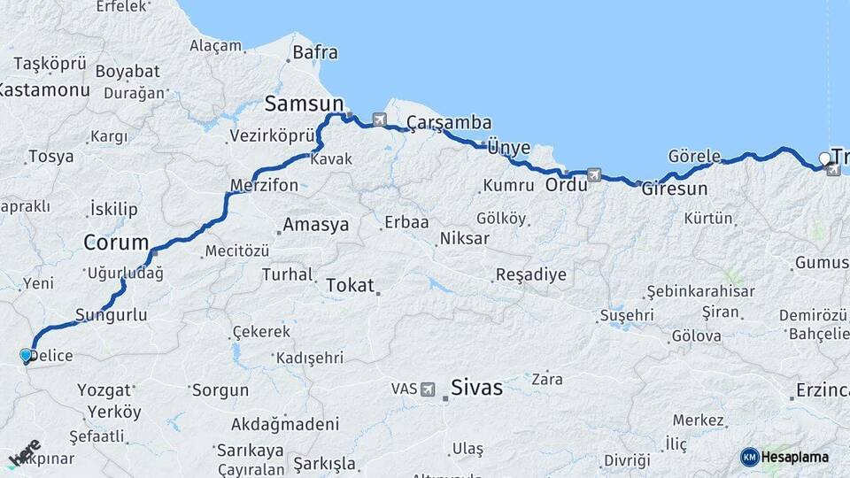 Kırıkkale Delice Trabzon Arası Kaç Km - Yol Haritası