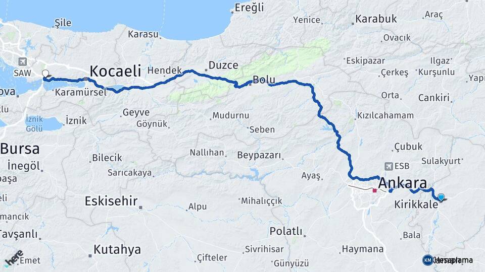 Kırıkkale Dilovası Kocaeli Arası Kaç Km - Yol Haritası