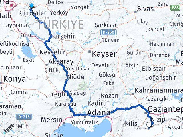 Kırıkkale Elbeyli Kilis Arası Kaç Km - Yol Haritası