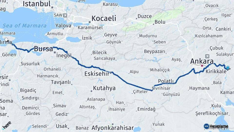 Kırıkkale Erdek Balıkesir Arası Kaç Km - Yol Haritası