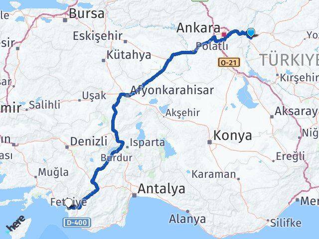 Kırıkkale Fethiye Muğla Arası Kaç Km - Yol Haritası