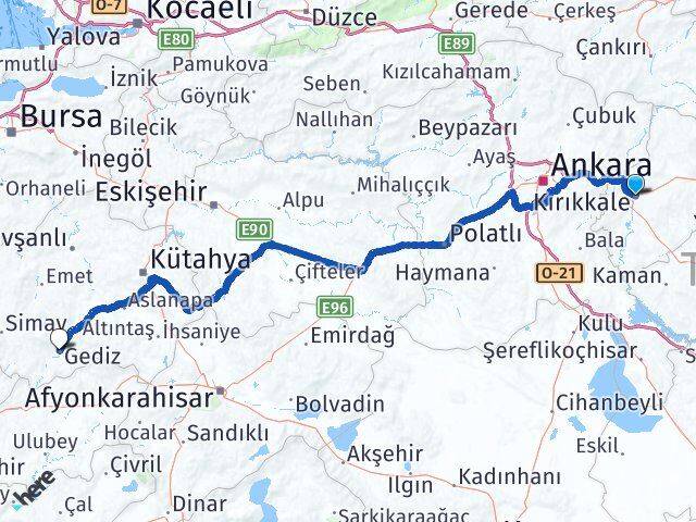 Kırıkkale Gediz Kütahya Arası Kaç Km - Yol Haritası