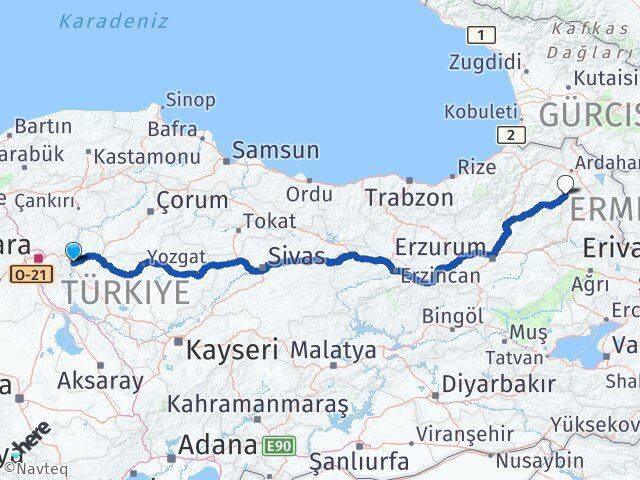 Kırıkkale Göle Ardahan Arası Kaç Km - Yol Haritası