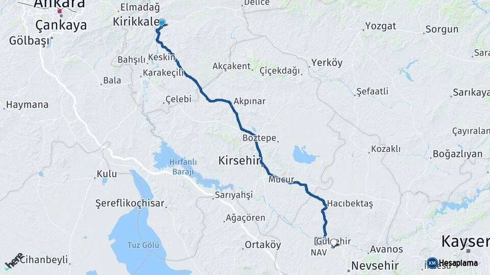 Kırıkkale Gülşehir Nevşehir Arası Kaç Km - Yol Haritası