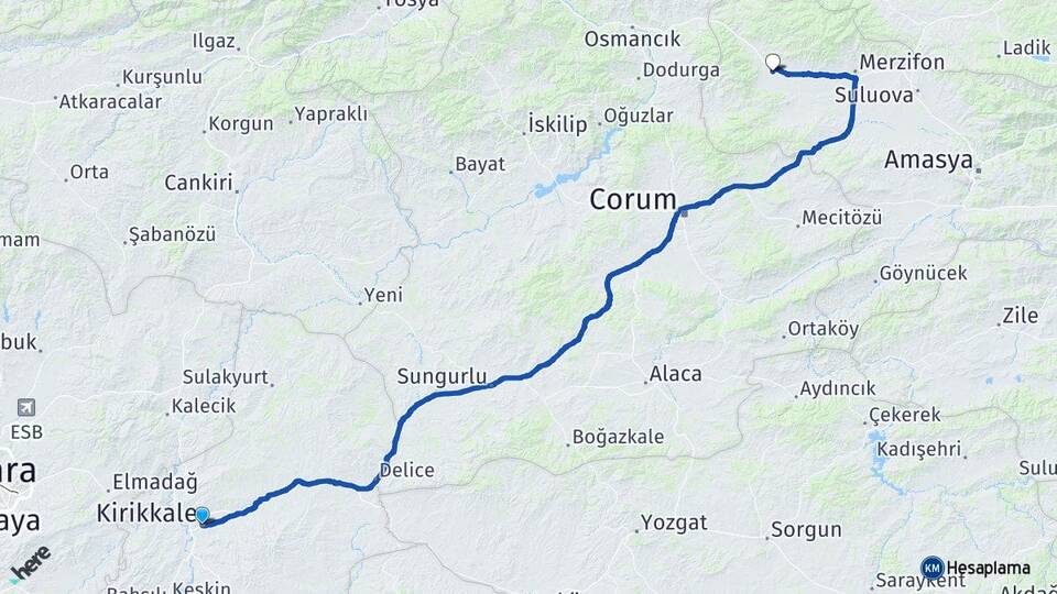 Kırıkkale Gümüşhacıköy Amasya Arası Kaç Km - Yol Haritası