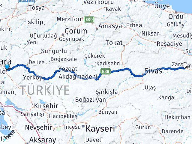 Kırıkkale İmranlı Sivas Arası Kaç Km - Yol Haritası