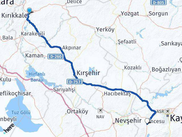 Kırıkkale İncesu Kayseri Arası Kaç Km - Yol Haritası
