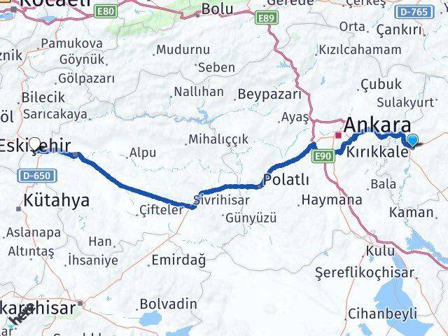 Kırıkkale İnönü Eskişehir Arası Kaç Km - Yol Haritası